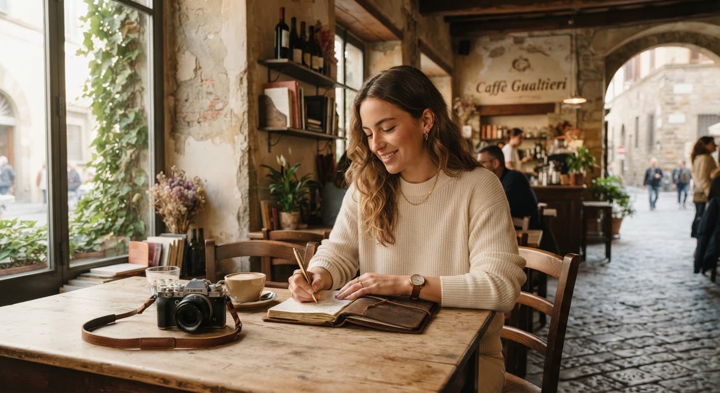 Creator journaling at a sunlit Italian cafe
