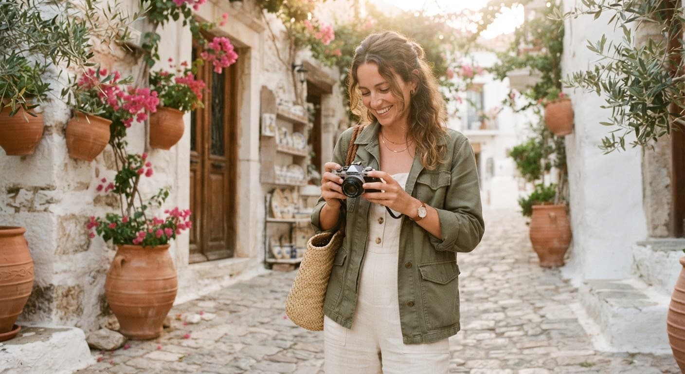 A creator with a camera on a sunlit street of white-washed buildings and terracotta pots.